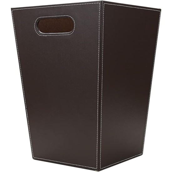 KINGFOM Classic Pu Leather Trash Can Wastebasket, Garbage Container Bin with Handles for Bathrooms, Powder Rooms, Kitchens, Home, Office and and High Class Hotel Square Brown