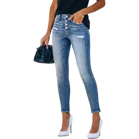 KUNMI Women's Ripped Skinny Slim Fit Jeans Frayed Distressed Stretchy Denim Pants