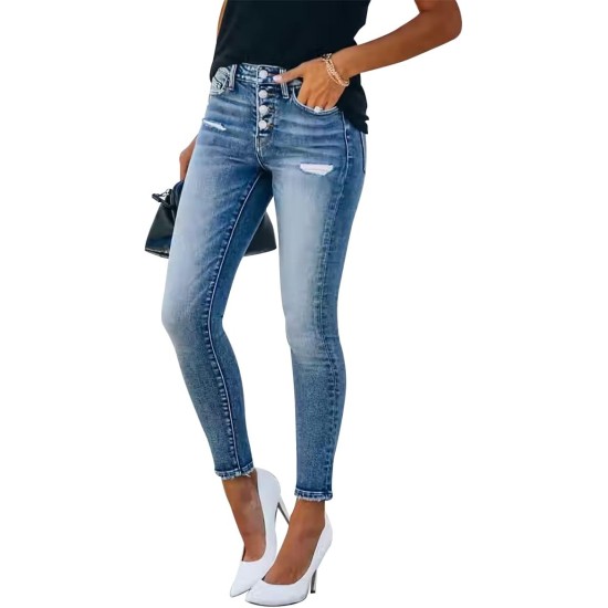 KUNMI Women's Ripped Skinny Slim Fit Jeans Frayed Distressed Stretchy Denim Pants