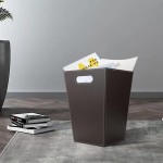 KINGFOM Classic Pu Leather Trash Can Wastebasket, Garbage Container Bin with Handles for Bathrooms, Powder Rooms, Kitchens, Home, Office and and High Class Hotel Square Brown