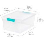 IRIS USA 12 Qt. Craft Storage Bins with Lids, 4-Pack, |Made in USA|, Clip Box, Medium Plastic Sensory Bin Tote Organizer Containers for Art Supplies, Paper, & Office, Stackable - Clear/Seafoam Blue