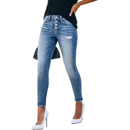 KUNMI Women's Ripped Skinny Slim Fit Jeans Frayed Distressed Stretchy Denim Pants