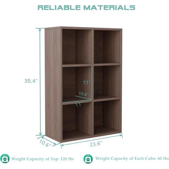 6-Cube Storage Shelf Bookcase - Wooden 3-Tier Floor Standing Open Bookshelf for Home and Office, Cuby Orgainzer, Walnut