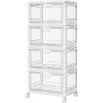 SNSLXH Portable Clear Storage Bins with Lid & Wheels, 24QT Clear Storage Bins with Lid, 4-Tier Plastic Bins with Wheels, Stackable, Magnetic Doors, for Bedroom, Living Room, Office