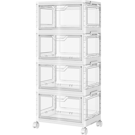 SNSLXH Portable Clear Storage Bins with Lid & Wheels, 24QT Clear Storage Bins with Lid, 4-Tier Plastic Bins with Wheels, Stackable, Magnetic Doors, for Bedroom, Living Room, Office