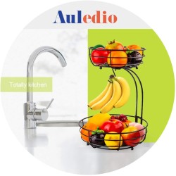 Auledio Iron 2-Tier Countertop Fruit Vegetables Basket Bowl Storage With Banana Hanger, Black, 64 ounces Auledio Iron 2-Tier Countertop Fruit Vegetables Basket Bowl Storage With Banana Hanger, Black, 64 ounces