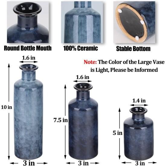 Blue Ceramic Vase Set - 3 Blue Small Vases, Farmhouse Country Flower Vase Home Decor, Living Room Decoration, Table Decoration, Fireplace Decor, and Entrance Decorations Centerpieces