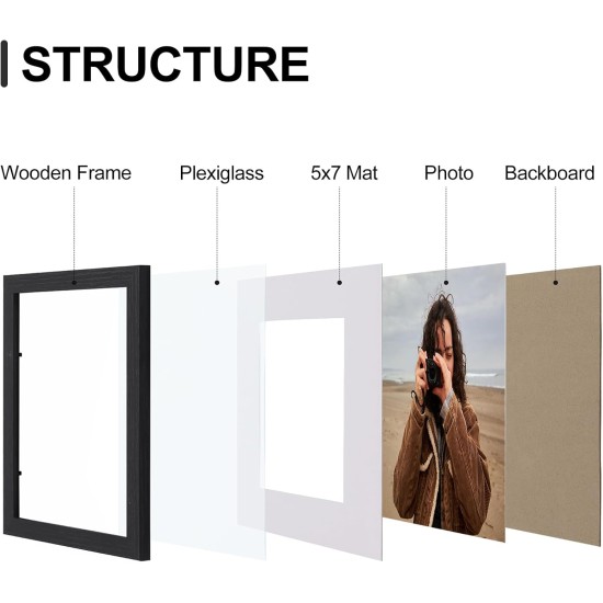 Vittanly 8x10 Picture Frames Set of 9, Shatter Resistant Plexiglass, Display 5x7 Pictures with Mat or 8x10 without Mat, Photo Frames for Wall or Tabletop, Engineered Wood, Black
