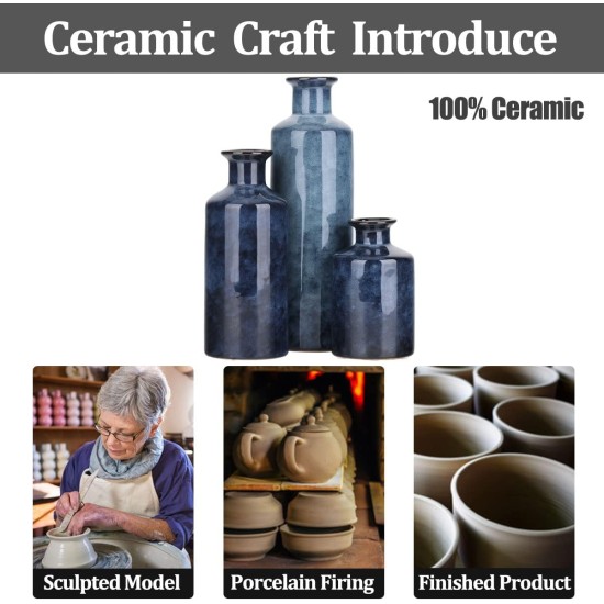 Blue Ceramic Vase Set - 3 Blue Small Vases, Farmhouse Country Flower Vase Home Decor, Living Room Decoration, Table Decoration, Fireplace Decor, and Entrance Decorations Centerpieces