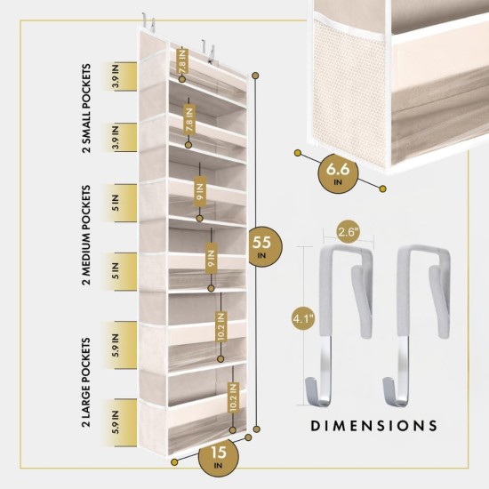 HOMELUX THEORY UPGRADED 6 Tiers Over The Door Organizer Hanging - 100D EXTRA THICK & 50lbs HUGE CAPACITY, 12 Side Mesh Pockets Over The Door Shoe Organizer, Hanging Closet Organizer (Ivory, 1pc)