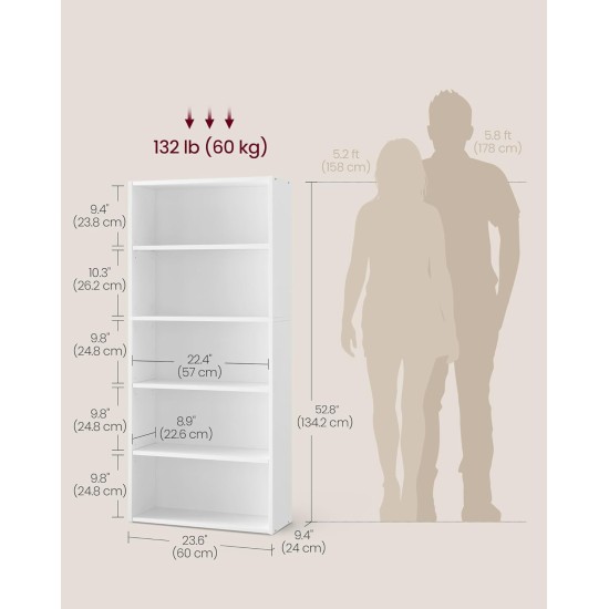 VASAGLE CUSTOS Collection - Bookshelf, 5-Tier Bookcase, Book Shelf, Open Storage Shelf, 9.4 x 23.6 x 52.8 Inches, for Living Room, Home Office, Dinning Room, Cloud White ULBC165T14