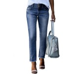 Sidefeel Women's High Waisted Jeans Strechy Fashion Raw Hem Straight Leg Ankle Denim Pants with Pockets