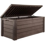Keter Westwood 150 Gallon Deck Box Organizer, Doubles as 2-Person Bench Seat, Brown – Large Resin Outdoor Storage and Seating with Lockable Lid for Garden, Pool, and Patio