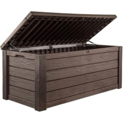 Keter Westwood 150 Gallon Deck Box Organizer, Doubles as 2-Person Bench Seat, Brown – Large Resin Outdoor Storage and Seating with Lockable Lid for Garden, Pool, and Patio