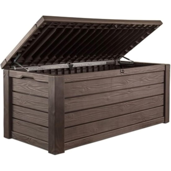 Keter Westwood 150 Gallon Deck Box Organizer, Doubles as 2-Person Bench Seat, Brown – Large Resin Outdoor Storage and Seating with Lockable Lid for Garden, Pool, and Patio