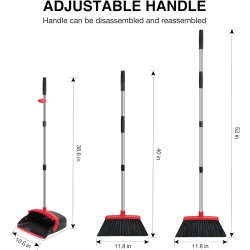 NACENA Broom and Dustpan Set, 52-in Long Adjustable Handle Broom Dustpan Combo with Dustpan Teeth to Automatically Clean Hair Suitable for Home Kitchen Office Hall Floor（Black&Red）