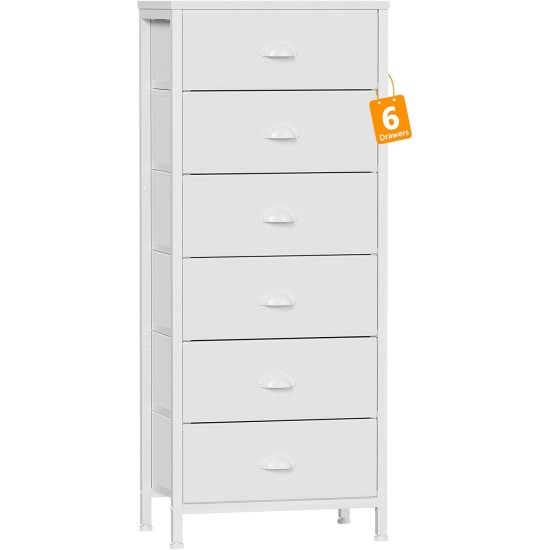 Furnulem White Tall Dresser for Bedroom,Vertical Storage Tower Unit and End Table with 6 Fabric Drawers, Nightstand Furniture with Drawer Organizer in Living Room,Closet,Entryway,Hallyway
