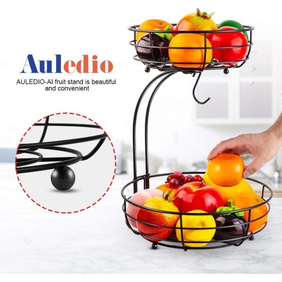 Auledio Iron 2-Tier Countertop Fruit Vegetables Basket Bowl Storage With Banana Hanger, Black, 64 ounces