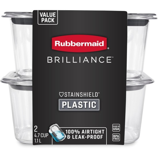 Rubbermaid Brilliance BPA-Free Food Storage Containers, Medium Deep, 4.7 Cup, 2-Pack, Airtight & Leak-Proof, Microwave & Dishwasher Safe