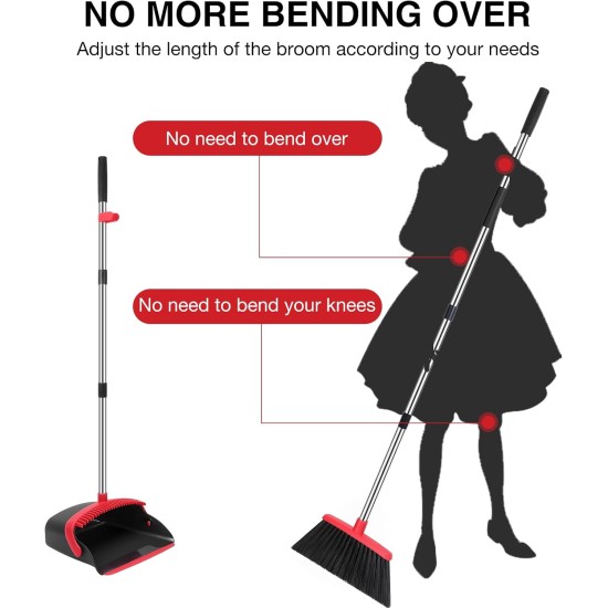 NACENA Broom and Dustpan Set, 52-in Long Adjustable Handle Broom Dustpan Combo with Dustpan Teeth to Automatically Clean Hair Suitable for Home Kitchen Office Hall Floor（Black&Red）