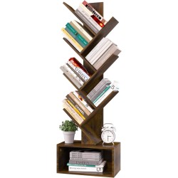 Yoobure Tree Bookshelf - 6 Shelf Retro Floor Standing Bookcase, Tall Wood Book Storage Rack for CDs/Movies/Books, Utility Book Organizer Shelves for Bedroom, Living Room, Home Office, Rustic Brown