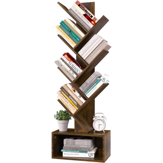 Yoobure Tree Bookshelf - 6 Shelf Retro Floor Standing Bookcase, Tall Wood Book Storage Rack for CDs/Movies/Books, Utility Book Organizer Shelves for Bedroom, Living Room, Home Office, Rustic Brown