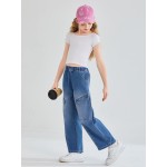 Haloumoning Girls Jeans Baggy Wide Leg Elastic High Waisted Denim Pants Y2K Boyfriend Jeans with Pockets 5-14Y