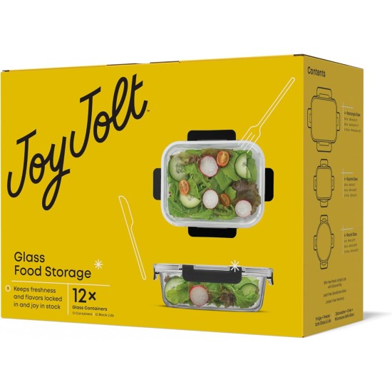JoyJolt 24pc Borosilicate Glass Storage Containers with Lids | 12 Airtight/Freezer Safe Food Storage Containers for Pantry and Kitchen | Meal Prep Container for Lunch | Glass Tupperware Set