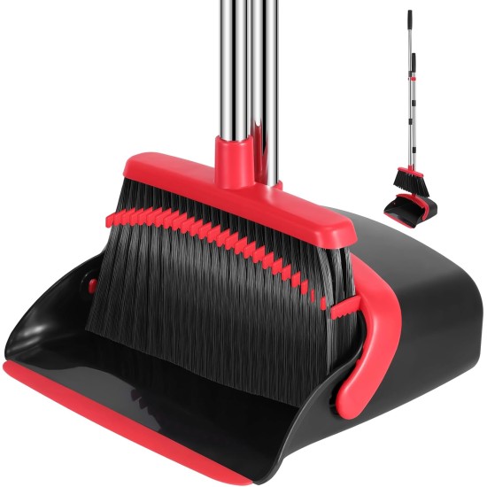 NACENA Broom and Dustpan Set, 52-in Long Adjustable Handle Broom Dustpan Combo with Dustpan Teeth to Automatically Clean Hair Suitable for Home Kitchen Office Hall Floor（Black&Red）