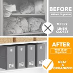 SpaceAid 4 Pack Bed Sheet Organizers and Storage, Foldable Organizer for Linen Closet, Sheets Set Folder Keeper with Window XL (Queen & King Size) Organizing Bedding Container, Gray 91ZDSN-SL01-G4