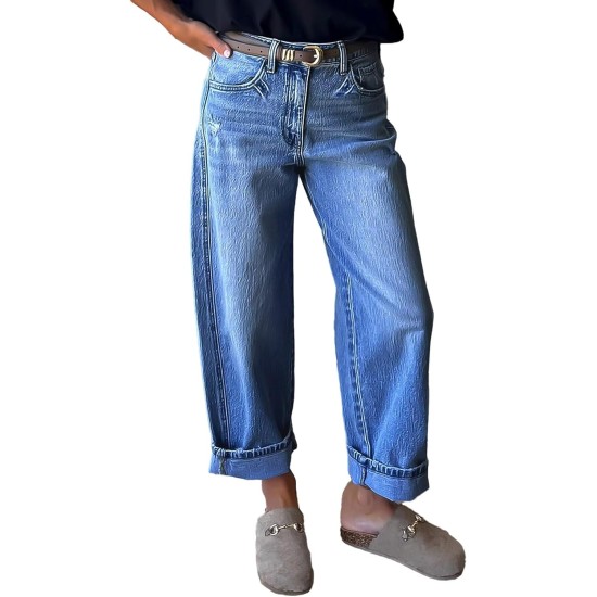 Flamingals Straight Leg Jeans for Women Boyfriend Mid Rise Roll Hem Wash Cropped Denim Pants Without Belt