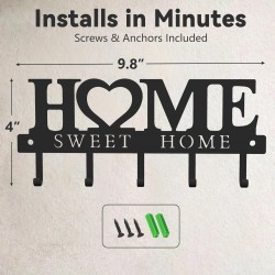 WIPHANY Entryway Wall Key Holder with 5 Hooks, Metal Key Rack Wall Mount for Keys, Bags and Leashes, Decorative Organizer for Entryway, Mudroom or Hallway, Sweet Home Design, 9.8 inches, Black