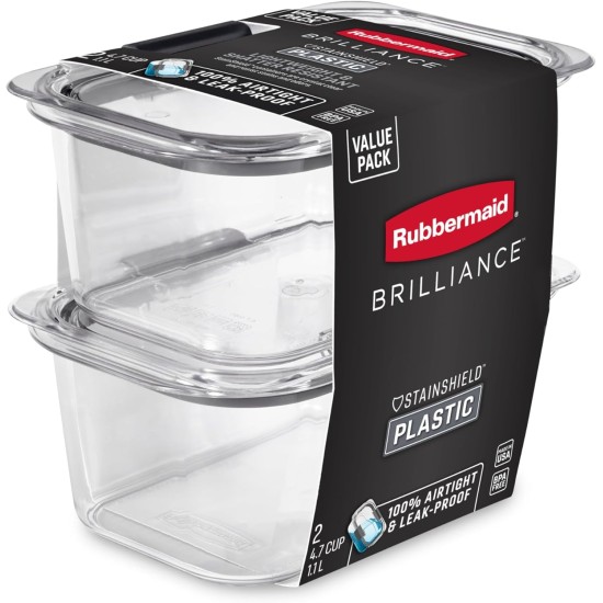 Rubbermaid Brilliance BPA-Free Food Storage Containers, Medium Deep, 4.7 Cup, 2-Pack, Airtight & Leak-Proof, Microwave & Dishwasher Safe