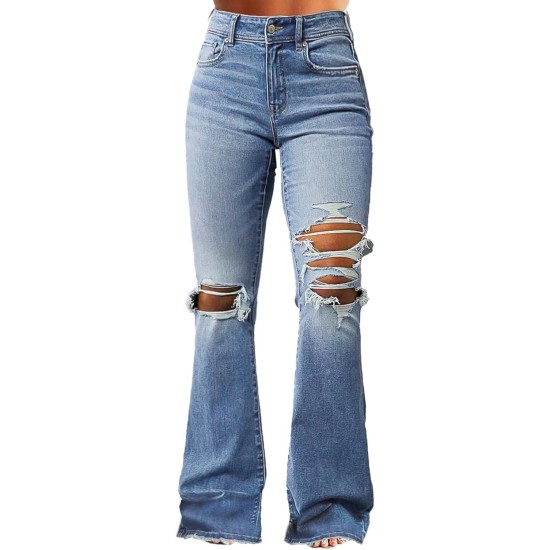 Flamingals Women's Bell Bottom Jeans Flared Ripped Stretchy Mid Rise Cut Out Distressed Denim Bootcut Jeans