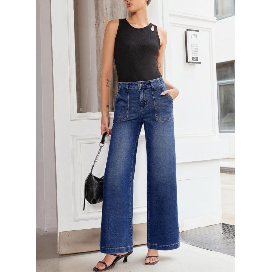 Sidefeel Womens Wide Leg Jeans High Waisted Stretchy Straight Leg Baggy Denim Pants with Pockets