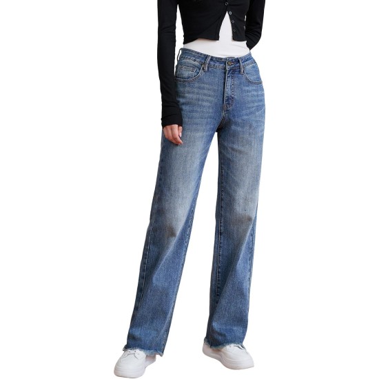 Womens High Waisted Jeans Stretchy Straight Leg Loose Fit Tummy Control Raw Hem Denim Pants Trendy 2025 Fashion