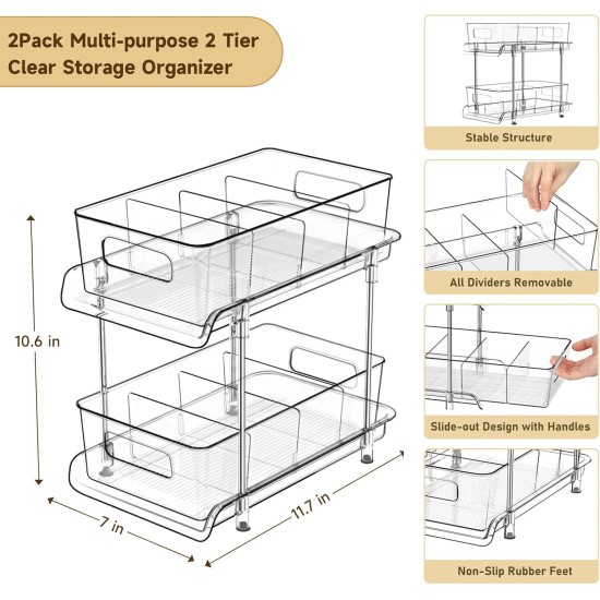 HIHEGD 2-Tier Bathroom Organizer with Dividers, Clear Under Sink and Pull-Out Cabinet Organizer for Kitchen and Pantry Storage