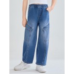 Haloumoning Girls Jeans Baggy Wide Leg Elastic High Waisted Denim Pants Y2K Boyfriend Jeans with Pockets 5-14Y