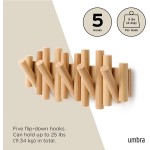 Umbra Picket Coat Rack Wall Mount – 5 Flip-Down Wood Coat Hooks, Modern & Functional Storage, Easy Install Wall Hooks, Natural
