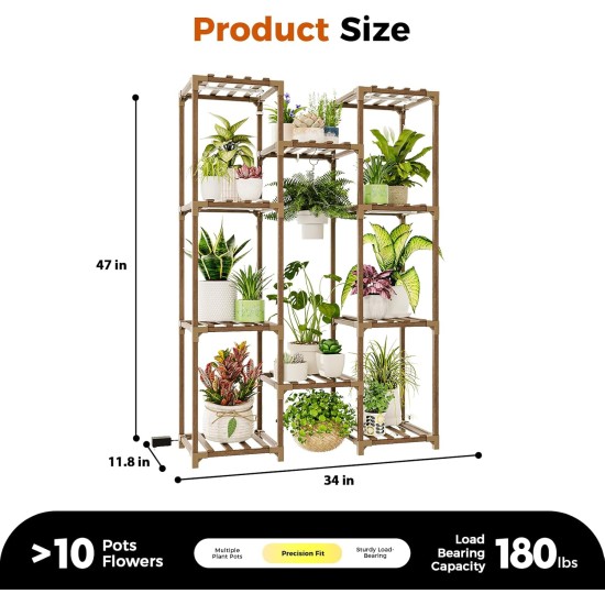Bamworld Plant Stand with Grow Light Plant Shelf for Mutiple Pots Large Plant Holder for Living Room Patio Boho Home Decor for Gardening Warm Light