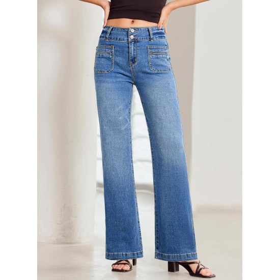 Sidefeel Women's Wide Leg Jeans High Waisted Tummy Control Stretchy Pockets Front Straight Leg Jeans
