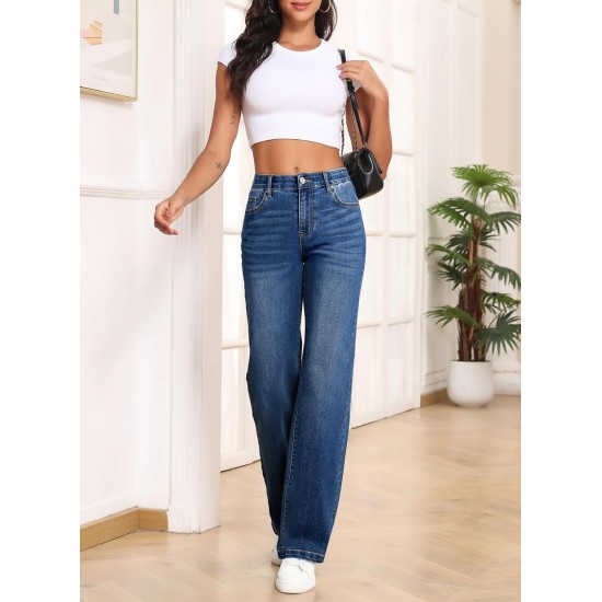 Sidefeel Women's Wide Leg Jeans High Waisted Tummy Control Stretchy Straight Leg Elastic Waist Trendy Denim Pants