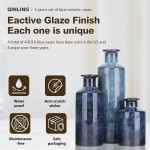 Blue Ceramic Vase Set - 3 Blue Small Vases, Farmhouse Country Flower Vase Home Decor, Living Room Decoration, Table Decoration, Fireplace Decor, and Entrance Decorations Centerpieces