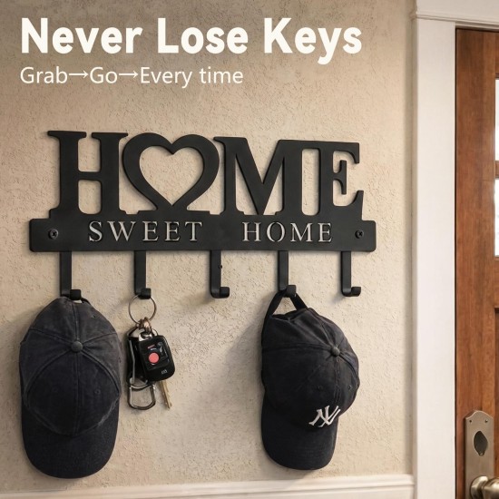 WIPHANY Entryway Wall Key Holder with 5 Hooks, Metal Key Rack Wall Mount for Keys, Bags and Leashes, Decorative Organizer for Entryway, Mudroom or Hallway, Sweet Home Design, 9.8 inches, Black
