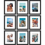 Vittanly 8x10 Picture Frames Set of 9, Shatter Resistant Plexiglass, Display 5x7 Pictures with Mat or 8x10 without Mat, Photo Frames for Wall or Tabletop, Engineered Wood, Black