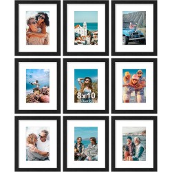 Vittanly 8x10 Picture Frames Set of 9, Shatter Resistant Plexiglass, Display 5x7 Pictures with Mat or 8x10 without Mat, Photo Frames for Wall or Tabletop, Engineered Wood, Black