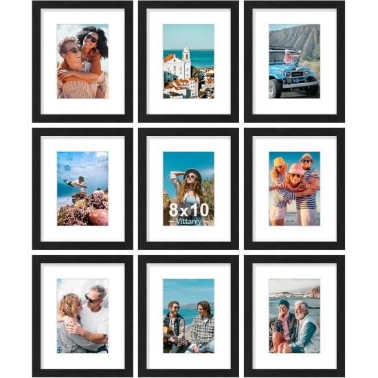 Vittanly 8x10 Picture Frames Set of 9, Shatter Resistant Plexiglass, Display 5x7 Pictures with Mat or 8x10 without Mat, Photo Frames for Wall or Tabletop, Engineered Wood, Black