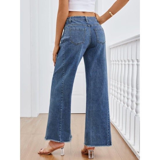 Trendy Queen Women's Wide Leg Jeans, Relaxed Loose Straight Leg with Raw Hem, Comfort Denim Pants