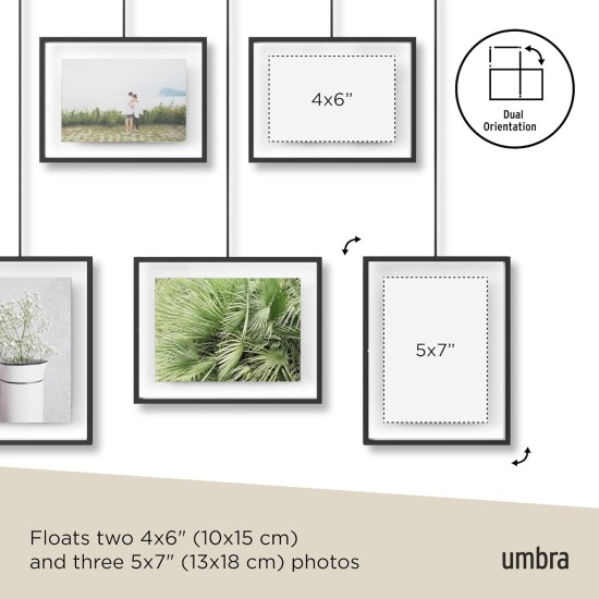 Umbra Exhibit Picture Frame Gallery Set, Adjustable Wall Collage Displays Five Photos (Two 4x6 and Three 5x7), Set of 5, Black