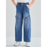 Haloumoning Girls Jeans Baggy Wide Leg Elastic High Waisted Denim Pants Y2K Boyfriend Jeans with Pockets 5-14Y
